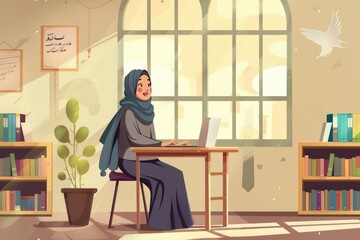 Poster - A woman sitting at a table with a laptop. Suitable for business or technology concepts