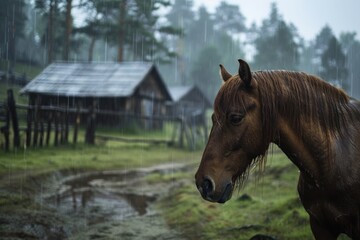 A horse standing in the rain, suitable for nature and animal themes