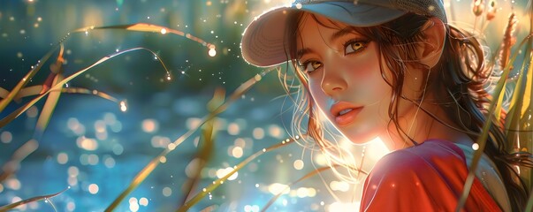 Women Fishing , Portrait Girl Fishing illustration  on Lake and Liver For Profile, Background, Wall art, Wallpaper, 