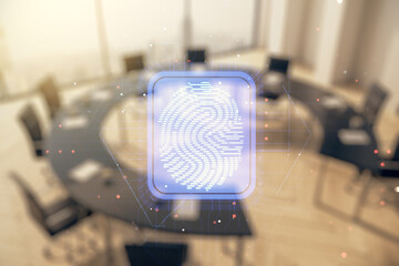 Poster - Abstract virtual fingerprint hologram on a modern conference room background. Multiexposure