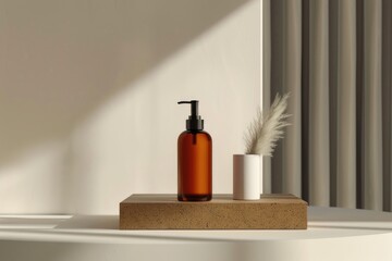 Poster - A bottle of liquid placed on a wooden block. Suitable for various design projects