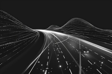 Poster - A striking black and white image of a highway at night, perfect for transportation or travel concepts