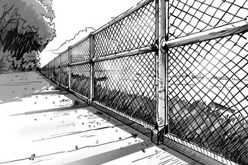 Poster - Detailed black and white drawing of a chain link fence. Suitable for architectural and industrial design projects
