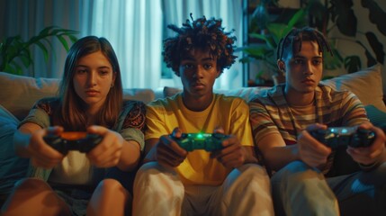 Poster - A group of people sitting on a couch holding video game controllers. Perfect for gaming or entertainment concepts