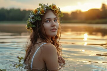 Poster - A serene image of a woman wearing a flower crown in the water. Perfect for nature and beauty concepts