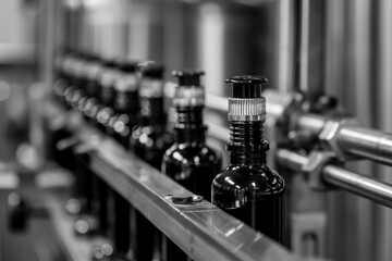 Poster - Black and white photo of bottles on a conveyor belt. Suitable for industrial and manufacturing concepts