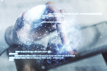 Poster - Double exposure of abstract creative programming illustration with world map and finger clicks on a digital tablet on background, big data and blockchain concept