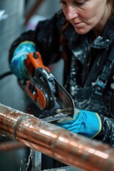 Poster - Woman using circular saw to cut copper pipes, ideal for construction projects
