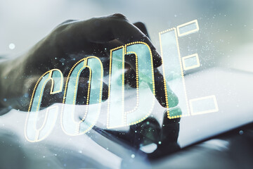 Aufkleber - Creative Code word sign and finger clicks on a digital tablet on background, international software development concept. Multiexposure