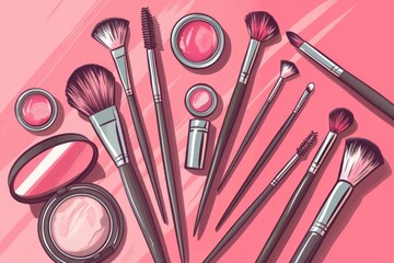 Wall Mural - A collection of makeup brushes on a pink background. Perfect for beauty and fashion concepts