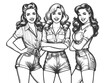 three smiling pin-up girls in retro outfits, standing side by side, showcasing 1950s fashion and camaraderie sketch engraving generative ai raster illustration. Black and white image.