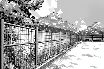 Poster - A black and white photo of a fenced in area. Suitable for various projects