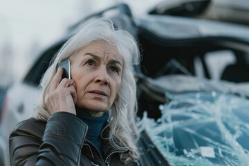 Poster - Woman talking on cell phone next to broken car. Useful for automotive, communication concepts