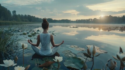 Wall Mural - A woman sitting on a rock in the middle of a body of water. Ideal for nature and relaxation concepts