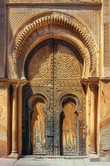 Poster - A large wooden door with detailed carvings, suitable for architectural projects