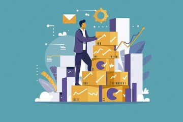 Poster - A man standing on a stack of cardboard boxes. Suitable for business or warehouse concepts