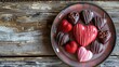 Set of sweets in the shape of heart on plate on wooden background.