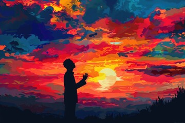Poster - A person standing in front of a beautiful sunset. Suitable for various inspirational and motivational concepts