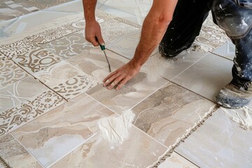 Poster - A man painting a tile floor with a brush. Suitable for home improvement projects
