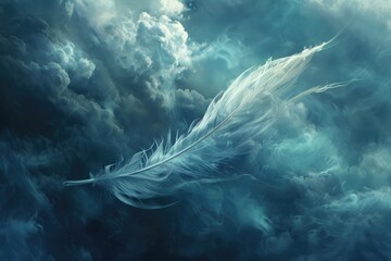 Poster - A serene image of a white feather floating in the clouds. Perfect for adding a touch of tranquility to your design projects