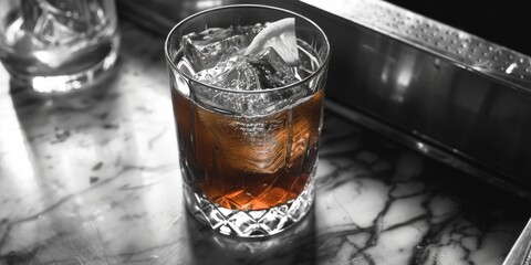 Poster - A glass filled with ice on a kitchen counter. Suitable for food and beverage concepts