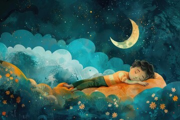 Poster - A peaceful image of a child sleeping on a fluffy cloud. Perfect for dreamy concepts