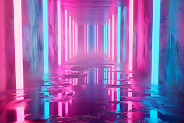 Wall Mural - 3d render, abstract neon background with pink and blue neon lines and reflection on the floor