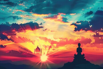 Poster - A peaceful scene of a person sitting on a rock during sunset. Suitable for relaxation or nature concepts