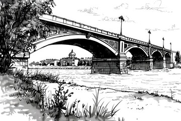 Aufkleber - Detailed drawing of a bridge over a river, suitable for various design projects