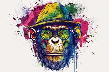 Aufkleber - A painting of a monkey wearing a hat and glasses. Suitable for various design projects