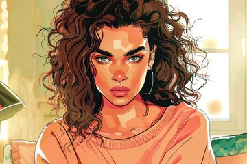 Aufkleber - Woman with curly hair sitting in front of a window. Suitable for lifestyle or home decor themes