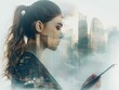 Side profile of a woman with a cityscape double exposure concept.
