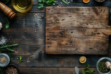 Poster - Fresh herbs and spices arranged on a wooden cutting board. Ideal for food preparation concepts