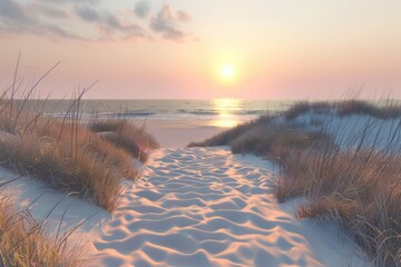 Poster - A scenic path leading to the beach at sunset. Perfect for travel and nature concepts
