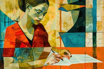 Poster - A woman focused on writing on a piece of paper. Ideal for business or education concepts
