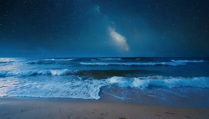 Wall Mural - Ocean Waves Washing onto Sandy Shore Beneath a Starry Night Sky