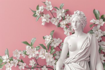 Poster - A statue of a woman adorned with flowers on a vibrant pink background. Ideal for various creative projects