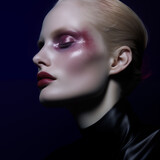 Fototapeta Londyn - AI generated illustration of a young woman with pink makeup on a dark backdrop