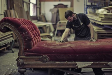 Canvas Print - A man working on a red couch in a workshop, suitable for home improvement projects