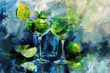 Poster - A painting of two martini glasses with limes. Suitable for bar and cocktail themed designs