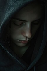 Poster - A woman wearing a hoodie looking down at her cell phone. Perfect for technology and lifestyle concepts