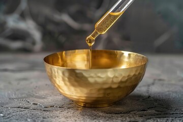 Poster - A gold bowl with a liquid pouring out of it. Suitable for various concepts and designs