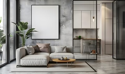 Wall Mural - A stylish living room with modern furniture, a blank poster on a concrete wall, and a kitchen in the background. Generative AI