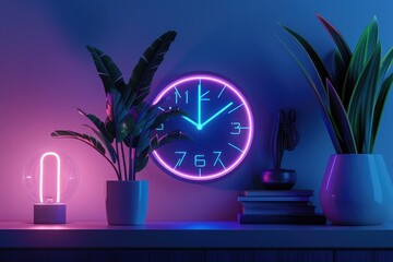 Aufkleber - A clock sitting on top of a shelf next to a plant. Suitable for interior design concepts