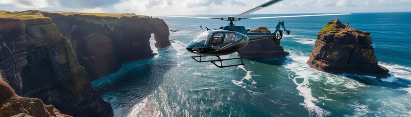 Helicopter tour over rugged coastal cliffs and sea arches, vivid style