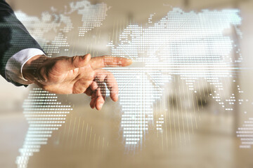 Aufkleber - Man hand clicks on abstract creative digital world map on blurred office background, globalization concept. Multiexposure