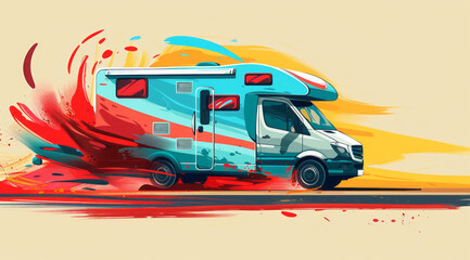 Wall Mural - Design illustration of an is camper driving fast on the road, dynamic scene, colorful splashes in background