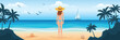A girl on a sea beach, seascape with sailing yacht, summer vacation, vector cartoon
