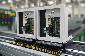 Fototapete - PCB automatic assembly machine, automatic robot for print circuit board assembly machine during soldering or welding part. Generative AI.