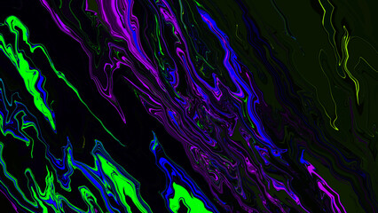 Wall Mural - Bright fluid purple black yellow blue neon green texture background. Abstract liquid neon light wavy line. Art trippy digital glitch backdrop. Banner. Card. tech. NFT pattern. Rock. Marble texture.